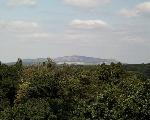 Přiblížený pohled na CHKO Pálava z Minaretu. Vpředu koruny stromů zámeckého parku Lednice.