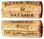 Archivní korek délky 50 mm Alter Ego de Palmer 2002 Appellation Margaux Controlée (AOC) 3e Grand Cru Classé - Château Palmer, Francie.