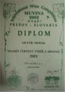 Diplom st?íbrná medaile Prešov Slovakia MUVINA 2002 - Tramín ?ervený 2001 - výb?r z hrozn?.
