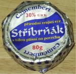 Balení sýru „Camembert Stříbrňák - přírodní zrající sýr s bílou plísní na povrchu“.